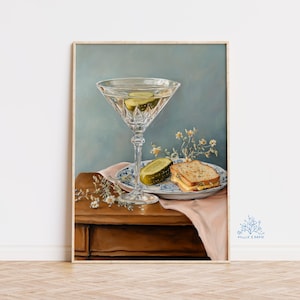 Wydruk artystyczny Pickle Martini, Martwa natura Pickle, Dekoracja wózka baru koktajlowego, Elegancki obraz olejny, Modna sztuka ścienna do kuchni