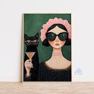 黒猫と女性のマティーニアートプリント、風変わりな気まぐれな装飾、カクテルアート、バーカートの装飾、ファインアートギフト、キュートでエレガントな動物の肖像画