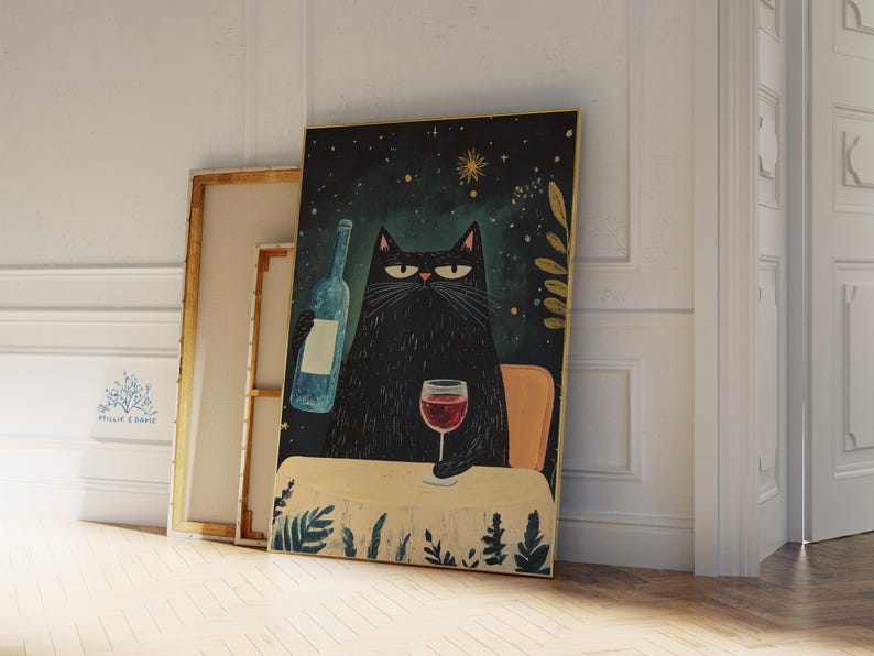 Black Cat Wine Art Print: Mid-century Modern Bar Cart Decor - Etsy