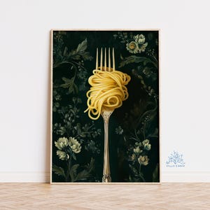 Pastakunstprint, Italiaanse keukendecor, spaghettiposter, voedselafdruk, pasta op vorkkunst, Italiaanse muurkunst, voedseldecor