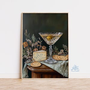 Dzikie kwiaty i wydruk artystyczny Martini, martwa natura kwiatowa, dekoracja wózka baru koktajlowego, elegancka sztuka ścienna, modny wystrój kuchni