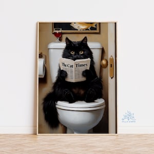 トイレの黒猫のアートプリント、かわいいマティーニアート、カクテルバーカートの装飾、ファインアートプリントギフト、エレガントな動物アート