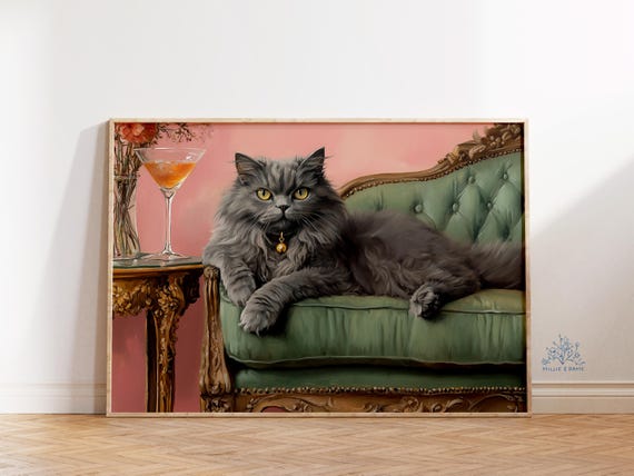 Gray Cat Martini Art Print: Elegant Feline Bar Cart Decor