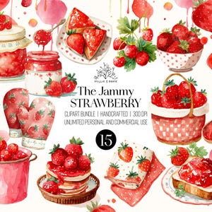 Clipart confiture de fraises, pot de confiture aquarelle et illustrations de baies, clipart fruit cottagecore pour cartes de recettes, étiquettes, journaux intimes
