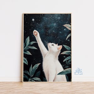 White Cat Art Print: Celestial Night Sky, Whimsical Cosmic Wall Art