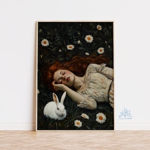 Forest Witch Art Print, Fantasy Woman with Daisy, Whimsical Woodland Wall Art, Cottagecore Decor, Magical Dark Academia Poster