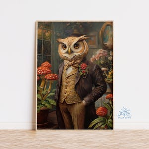 Vintage Owl Mycologist Art Print: Whimsical Forest Cottagecore Decor