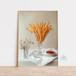 マティーニグラスに入ったフライドポテトのアートプリント、風変わりなモダンな静物画、かわいい油絵、キッチンの壁アート、彼女への贈り物、バーカートの壁アート