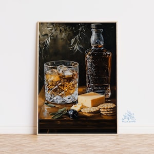 Whisky & Martini Kunstdruck, Stillleben Cocktail Dekor, Elegantes Ölgemälde, Barwagen Kunst, Trendige Küchen Wandkunst, Geschenk für den Trinker