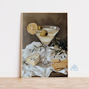 Martini, Käse und Cracker Giclée Kunstdruck, Stillleben Cocktail Dekor, Elegante Ölgemälde, Bar Warenkorb Kunst, Trendy Küchen Wand Geschenk