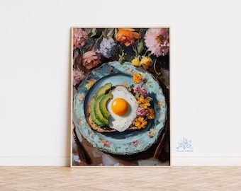 Avocado Toast Art Print, Foodie Kitchen Wall Art, Breakfast Poster, Rustic Brunch Decor, Trendy Cafe Style, Cozy Food Illustration