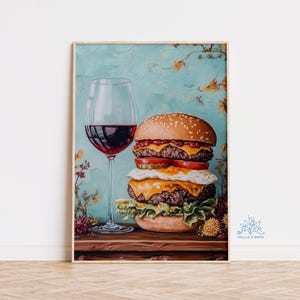Burger i czerwone wino wydruk artystyczny, Fast Food Wall Art, dziwaczny wystrój kuchni, kapryśna ilustracja jedzenia, plakat Gourmet Junk Food