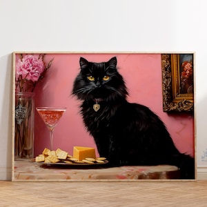 黒猫のマティーニアートプリント、気まぐれな猫の壁飾り、カクテルラウンジポスター、風変わりな猫のイラスト、猫好きへのギフトアイデア