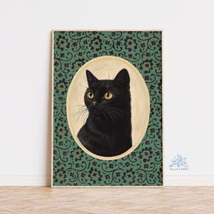 Black Cat Art Print, Quirky Whimsical Wall Art, Funny Cat Lover Gift, Moody Pet Portrait, Vintage Style Cat Illustration