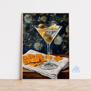 Martini und Käsecracker Kunstdruck, Olive Martini Cocktail Art, Demure Cutesy Bar Warenkorb Dekor, Ölgemälde Geschenk für Zuhause unterhaltend