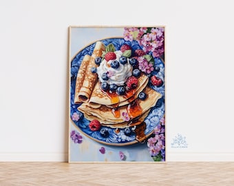 French Crepe Art Print, Pancake Kitchen Wall Art, Cozy Brunch Poster, Parisian Cafe Decor, Whimsical Food Illustration, Breakfast Nook Print