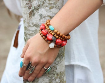 Coral Boho Statement Bracelet Bali Sterling Silver, Beadwork Bracelet, Bohemian Bracelet, Persimmon Coral Bright Colorful Stacking Bracelet