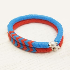 Chevron African Trade Bead Bracelet Set in Sterling Silver / Vintage Glass Geometric, bright blue orange colorful tribal fresh beadwork neon