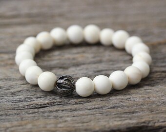 Conch Shell Diamond Pave Purity Bracelet / Cream White Beadwork, Rhodium Plated Sterling Silver Bohemian Boho Stacking Bracelet, Ocean Shell