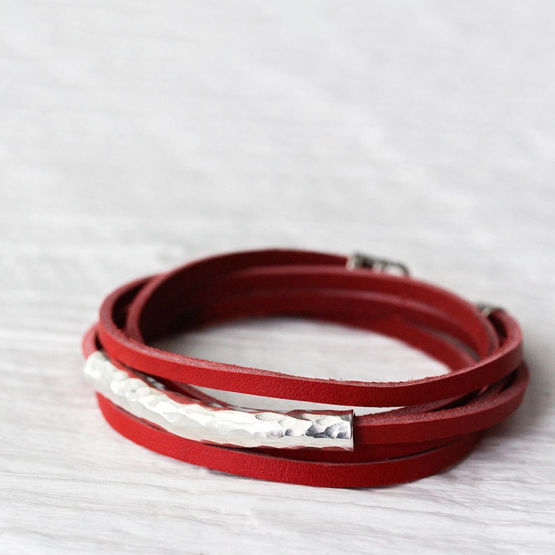 Red Leather Wrap Bracelet in Karen Hill Tribe Silver with Bali Sterling Silver, Berry Cherry Bright Apple Red, Eco Friendly Unisex Bracelet image 3