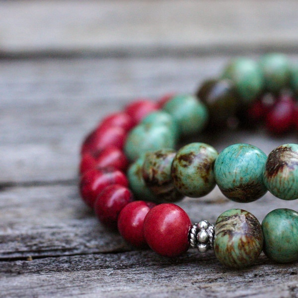 Cranberry Aqua Acai Bead Bracelets / Bali Sterling Silver Stacking Bracelets / Holiday Bohemian Ethnic Tribal  Red Blue Green Natural Seed