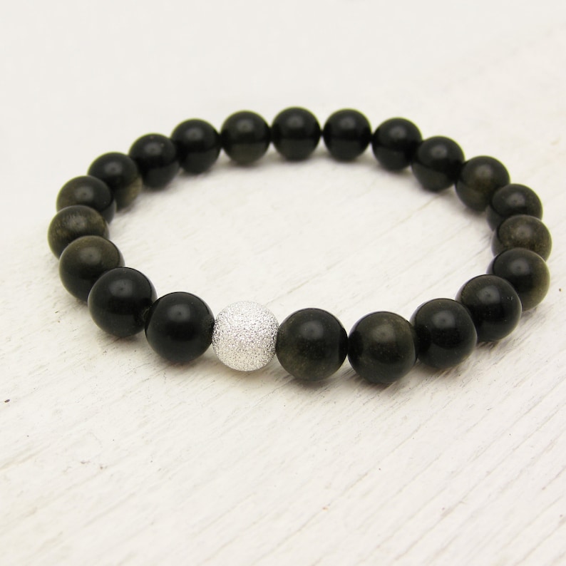 Black Obsidian Bead Bracelet with Sterling Silver : khaki | Etsy