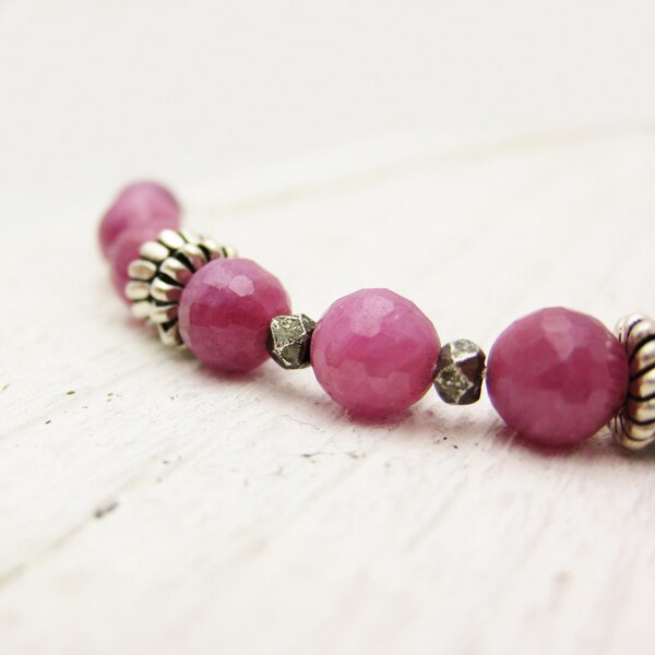 Ruby & Sterling Silver Necklace / Genuine Natural Ruby, Black Silver Nuggets and Sterling Silver Zipper Beads, pink rose