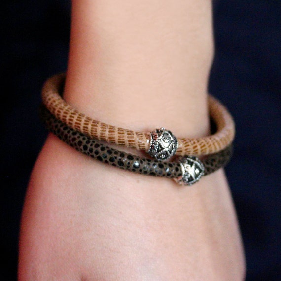 Olive Green or Tan Sterling Bangle Bracelets, Eco Friendly Leather, Bali Silver Bohemian Woodland Unisex Stacking Bracelet, Deep Brown Green