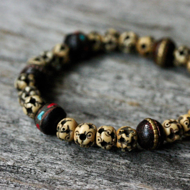 Unisex Boho Tribal Bone Beadwork Bracelet, Nepal Inlaid Bone, Red Coral Blue Turquoise, Carved Brown Neutral Bone, Rustic Bohemian Ethnic image 1