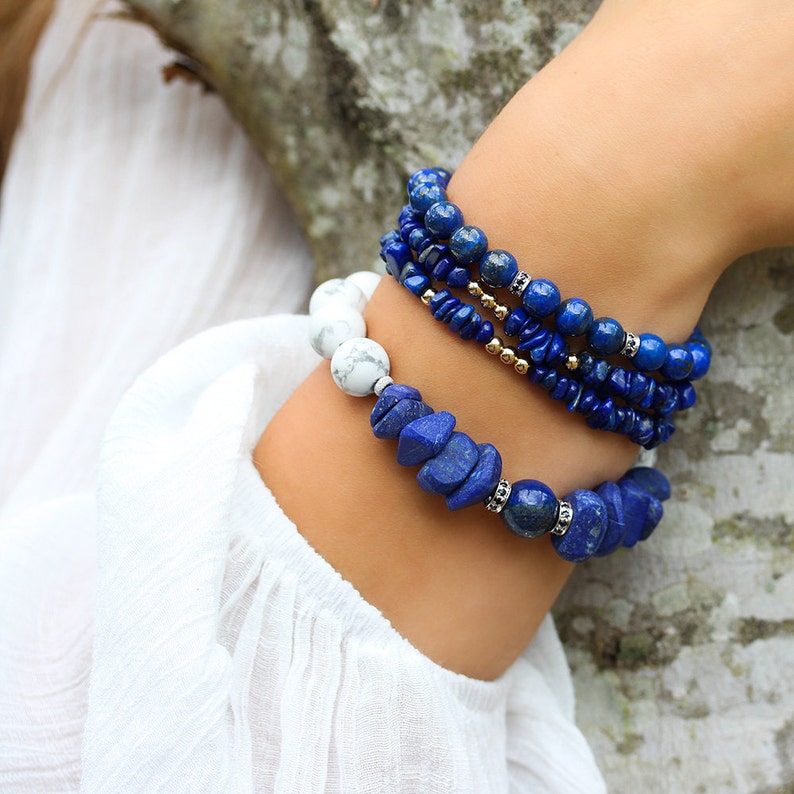 Lapis Lazuli 14K White Gold Sapphire Bracelet / Natural Beadwork White Grey Howlite / Gold Navy Cobalt Blue Nautical Sea Ocean Inspired image 2