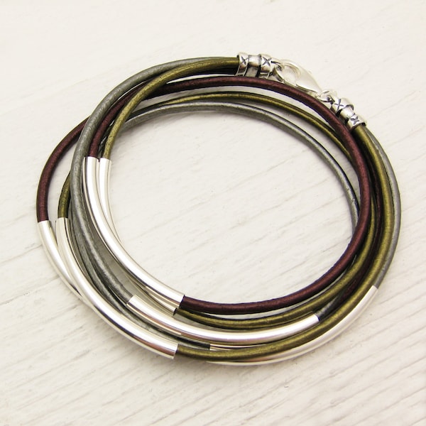 Metallic Eco Friendly Leather Wrap Bracelet with Sterling Silver Tubes / boho olive green bronze gold chic / modern geometric bracelet
