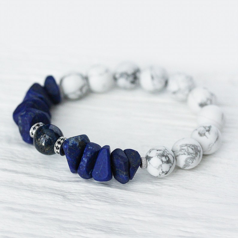 Lapis Lazuli 14K White Gold Sapphire Bracelet / Natural Beadwork White Grey Howlite / Gold Navy Cobalt Blue Nautical Sea Ocean Inspired image 5