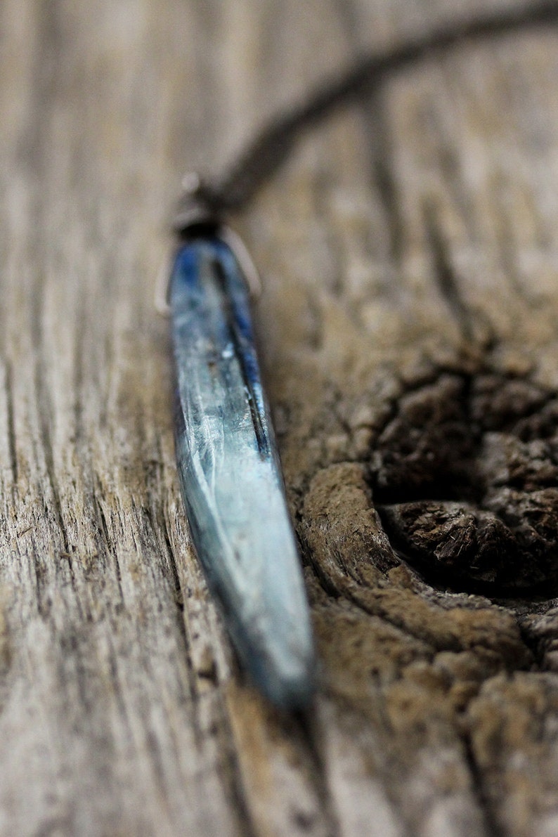 Blue Kyanite Pendant Necklace / Oxidized Sterling Silver Deep Rain Storm Sky Blue Natural Gemstone / Metallic Flash Bright Electric Blue image 4