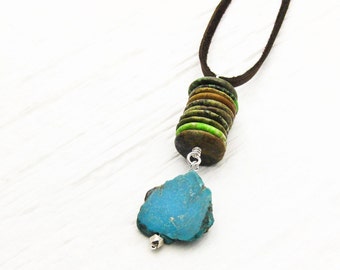 Natural Turquoise Leather Boho Necklace / Deerskin Lace Long Tribal Pendant Necklace / Blue Green Lime Brown Beige Slab Bohemian Necklace