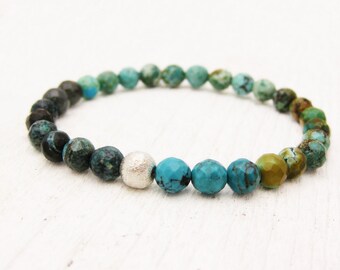 Natural Turquoise Bead Bracelet / Raw Untreated / Multicolored w/ Brushed Sterling Silver / bohemian tribal native american inspired