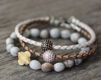 Black White Gold Pave Leather Bangle Bracelet / Eco Friendly Stacking Bracelet / Crisp White / Sterling Gold Rhodium CZ Pave / Summer Style