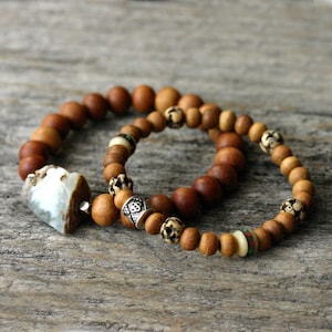 Nepal Bone Sandalwood Bohemian Bracelet / Turquoise Coral Inlaid Bone, Fragrant Wood, Sterling Silver / Red Blue Dark Brown, Black Silver