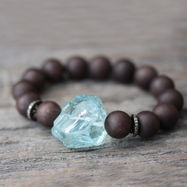 Diamond Blue Quartz Bead Bracelet Jade Beadwork Boho Statement Bracelet, Chocolate Brown Ice Sky Aqua Blue Quartz Crystal, Sterling Silver