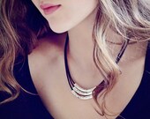 Sterling Leather Bib Necklace / Artisan Hammered Hill Tribe Silver / Chocolate Black Antiqued Leather / Statement Necklace / Layered