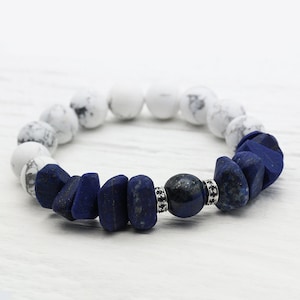 Lapis Lazuli 14K White Gold Sapphire Bracelet / Natural Beadwork White Grey Howlite / Gold Navy Cobalt Blue Nautical Sea Ocean Inspired image 1