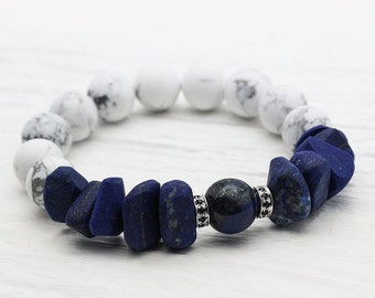 Lapis Lazuli 14K White Gold Sapphire Bracelet / Natural Beadwork White Grey Howlite / Gold Navy Cobalt Blue Nautical Sea Ocean Inspired