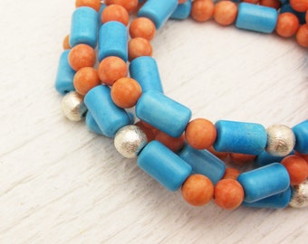 Orange & Blue Geometric Agate Bead Bracelet / bright colorful happy fiesta inspired / hippie bohemian summer fashion stacking bracelet