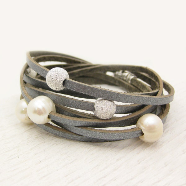 Sterling Silver Pearl and Leather Wrap Bracelet / Fresh Water Pearl & Eco Friendly Leather / romantic dreamy ocean wedding star inspired