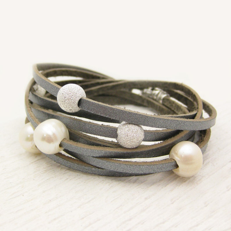 Sterling Silver Pearl and Leather Wrap Bracelet / Fresh Water Pearl & Eco Friendly Leather / romantic dreamy ocean wedding star inspired image 1