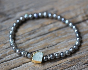 Aquamarine Diamond Labradorite Boho Stacking Bracelet, 22K Gold Diamond Pave Bohochic Bohemian Mystic Labradorite, Neutral Stacking Bracelet