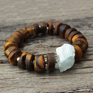 Ojo de tigre cuarzo azul pulsera del grano, tribu de la colina de abalorios plata Iceberg Pastel pálido, café caramelo marrón piedras naturales crudas, Tribal bohemio imagen 2