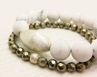 White Grey Howlite Statement Bracelet with Brushed Sterling Silver / smoke charcoal grey creamy white / rain clouds inspired / pale ether