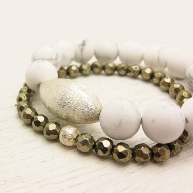 White Grey Howlite Statement Bracelet With Brushed Sterling - Etsy