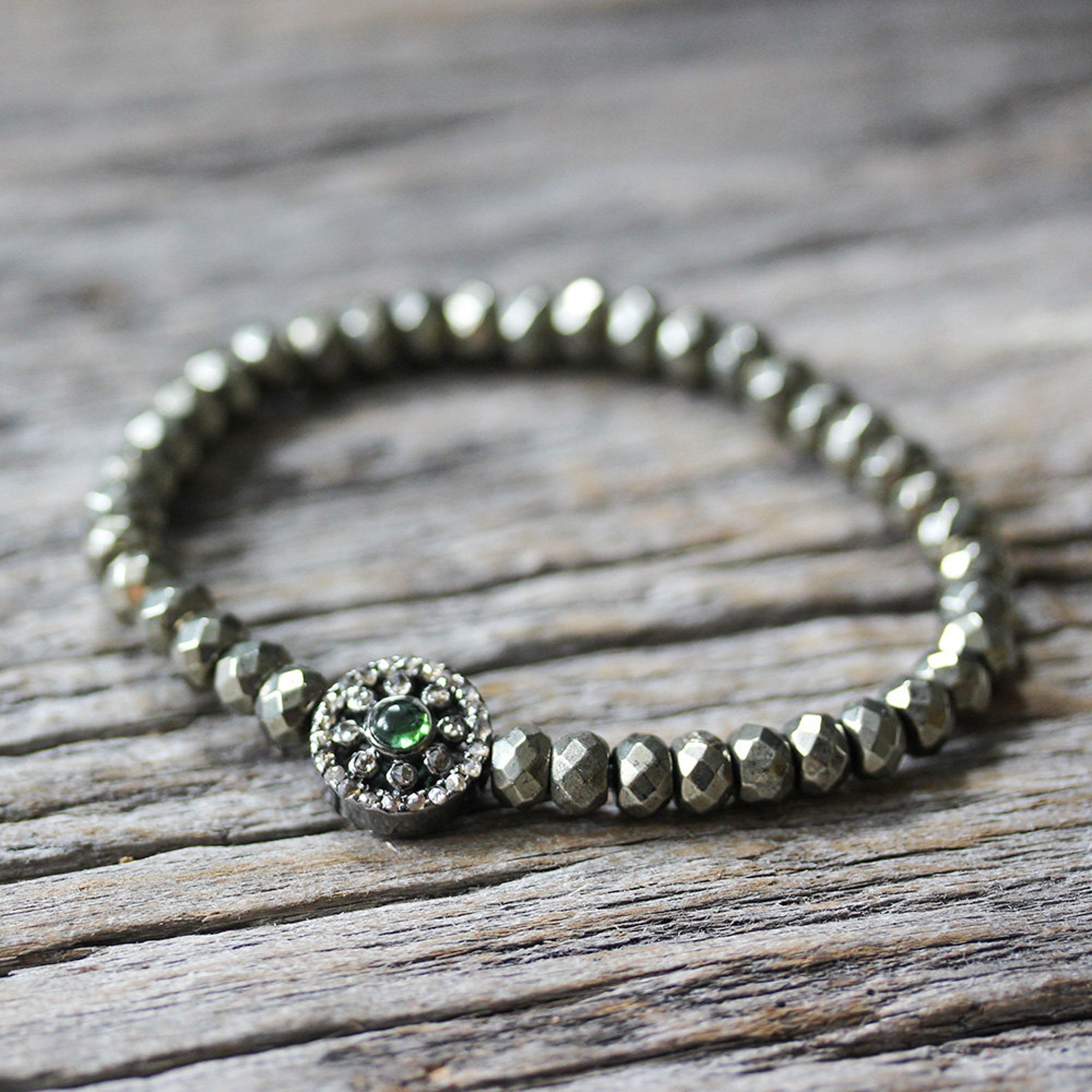 Diamond Pave Flower Pyrite Bracelet / Stacking Bracelet Etsy