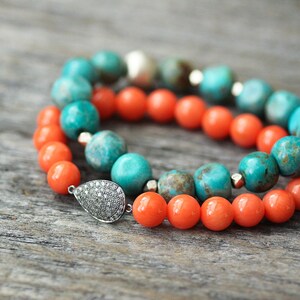 Orange Coral Diamond Pave Teardrop Bracelet, Sterling Silver Beadwork, Tangerine Juicy Bright Colorful Coral, Summer Fresh Colorful Jewelry